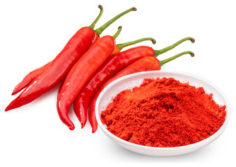 Korean pepper powder and red pepper isolated on white background,  Korean chili powder on white background With clipping path.
