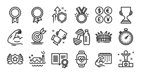 Honor, Winner and Cardio training line icons set. Secure shield and Money currency exchange. Strong arm, Success and Award cup icons. Target goal, Arena stadium and Diploma signs. Vector