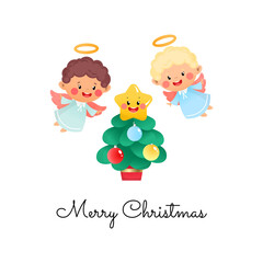 Merry Christmas greeting card. Illustration of two cute little angels and a fir tree with Christmas star isolated on a white background. Vector 10 EPS.