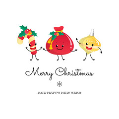 Naklejka premium Merry Christmas and Happy new year card with funny characters. Winter holiday illustration of a cute dancing candy cane, a Santa Claus bag and a Christmas decoration isolated on a white background.