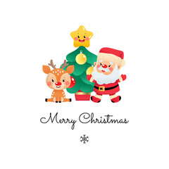 Merry Christmas greeting card. Cute illustration of the Santa Claus, a deer and a fir tree with a Christmas star isolated on a white background. Vector 10 EPS.