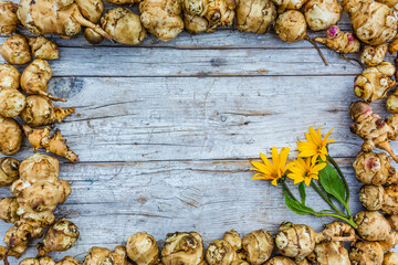 Frame from Jerusalem artichoke tubers on a wooden background. Space for text.
