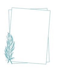 Rectangular frame with feather, vector illustration. Template for postcard, invitation or card. Decorated blank outline with painted feather.