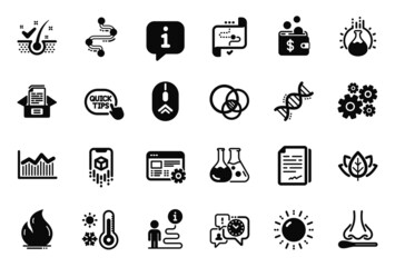 Vector Set of Science icons related to Timeline, Target path and Chemistry lab icons. Documents box, Chemistry experiment and Sun energy signs. Euler diagram, Nasal test and Quick tips. Vector
