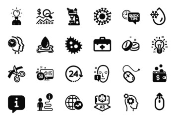 Vector Set of Science icons related to Bacteria, Quick tips and Microscope icons. First aid, Medical tablet and Idea signs. Computer mouse, Freezing water and Swipe up. World statistics. Vector