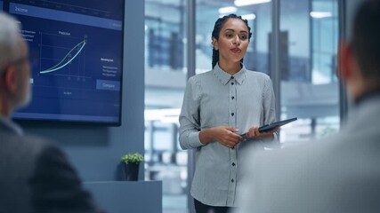 Diverse Office Product Presentation: Successful Black Female Digital Entrepreneur Uses TV Screen with Big Data, Statistics, Talks about Company Growth, Discusses Strategy with Investors, Managers - Powered by Adobe