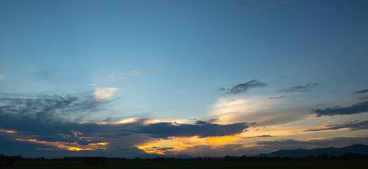Obraz premium Colorful sunset and sunrise with clouds. Blue and orange color of nature. Many white clouds in the blue sky. The weather is clear today. sunset in the clouds. The sky is twilight.