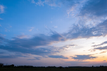Fototapeta premium Colorful sunset and sunrise with clouds.Blue and orange color of nature.Many white clouds in the blue sky.The weather is clear today.sunset in the clouds.The sky is twilight.