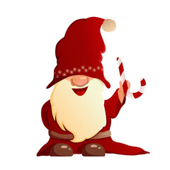 A cartoon gnome holds a caramel in his hand. A dwarf in New Year's clothes, in a Santa hat. 