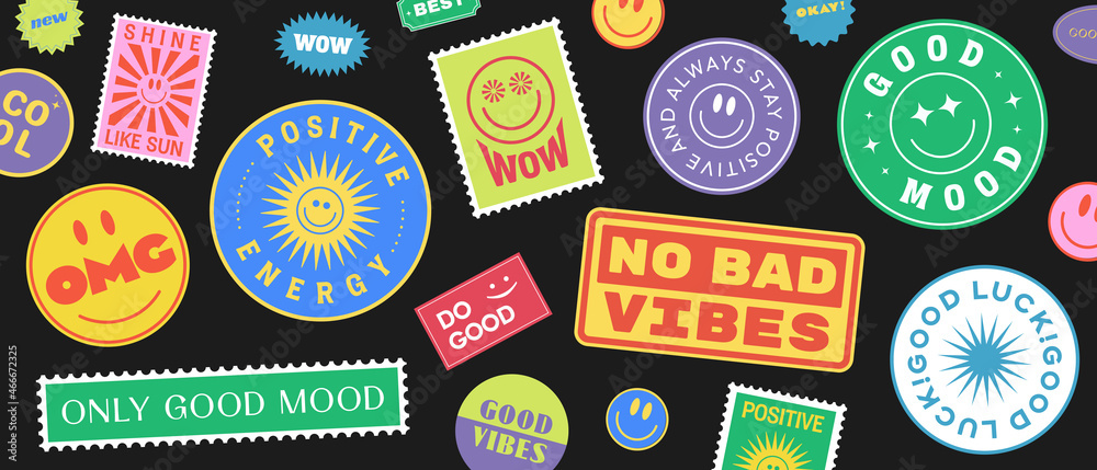 Aufkleber Cool Trendy Patches Vector Design. Abstract background with stickers. Good Vibes, Positive Energy and Good Luck Badges.