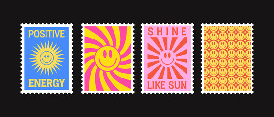 Positive Energy And Sun Shine Retro Postage Stamps Vector Design. Cool Trendy Patches Collection. Hippie Print Illustration. - obrazy, fototapety, plakaty