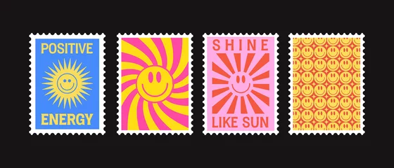  Positive Energy And Sun Shine Retro Postage Stamps Vector Design. Cool Trendy Patches Collection. Hippie Print Illustration. © t1m0n344