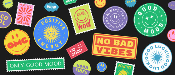 Cool Trendy Patches Vector Design. Abstract background with stickers. Good Vibes, Positive Energy and Good Luck Badges. - obrazy, fototapety, plakaty