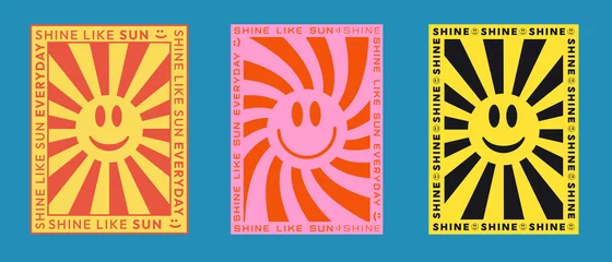Poster Set of Cool Trendy Shine Posters. Sunshine retro placard. © t1m0n344