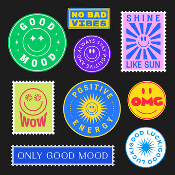 Set of Cool Trendy Patches, Pins and Badges. Retro Stickers Collection. Emoticon Emblems Illustration.