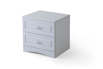 white wood bedside table . Modern designer nightstand isolated on white background corner view. cabinet with two drawers
