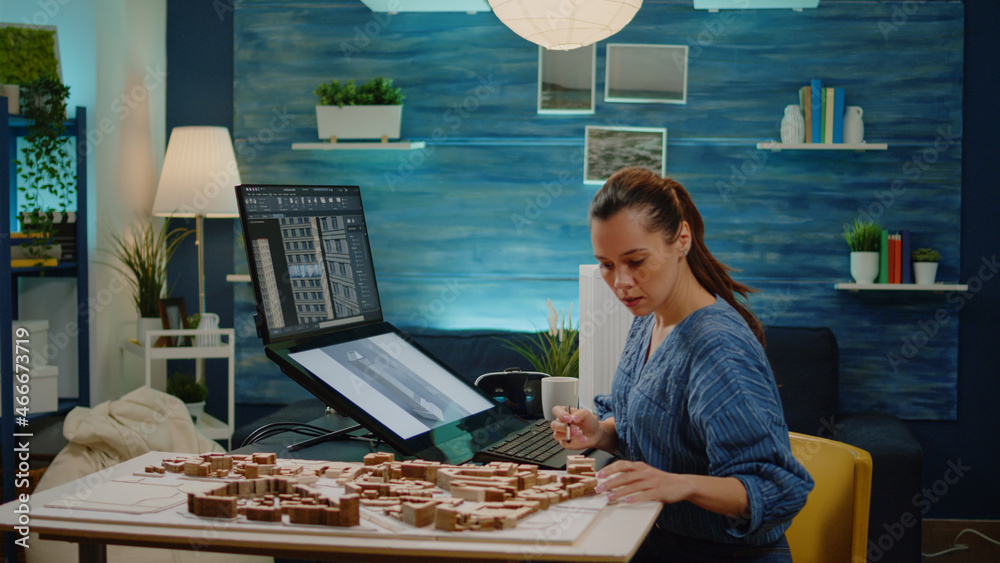 Poster woman architect designing layout for building on computer with touch screen. architectural engineer 
