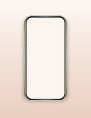 Isolated empty cell phone mockup. Golden phone on the beige background. Smart phone template.