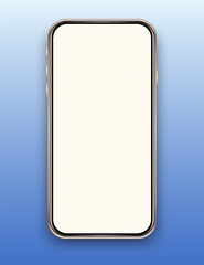 Isolated empty cell phone mockup. Golden phone on the blue background. Smart phone template. Realistic cell phone mockup. . Cellphone frame on a blue background.