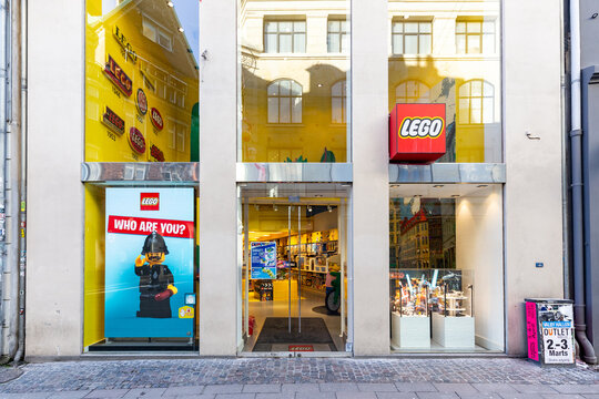 Copenhagen, Denmark - February 22, 2019: Store front of the LEGO shop on Stroget in the city centre.