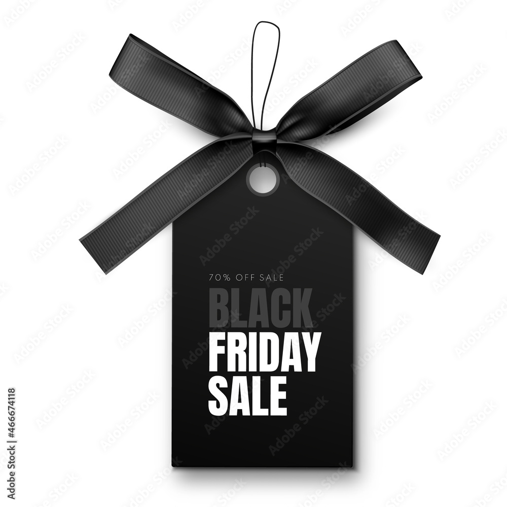 Poster black friday sale label with black bow and black ribbon isolated on white background. vector illustr