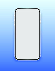 Silver cell phone mockup on a blue gradient background. Smartphone empty template. Cellphone frame with blank display isolated.