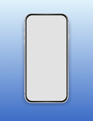 Silver cell phone mockup on a blue gradient background. Smartphone empty template. Cellphone frame with blank display isolated.