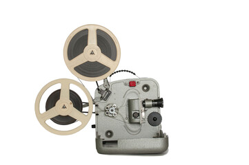 Vintage 8mm movie projector. On white background. Side view.