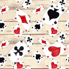 Alice in Wonderland cute watercolor objects set seamless pattern