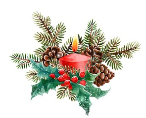 Watercolor cliparts. Print. Christmas composition, fir branches, bells, holly, mistletoe, spices