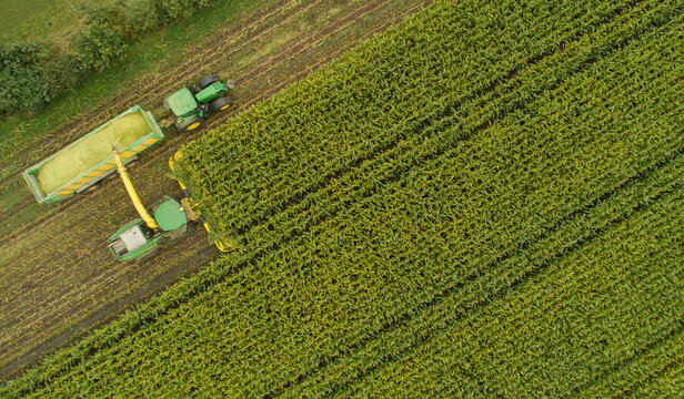 John Deere 8800i Maish&auml;cksler und John Deere 6250R Traktor mit Silagewagen Joskin Silospace w&auml;hrend der Maisernte