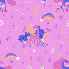 Floral seamless pattern with cute unicorns.
