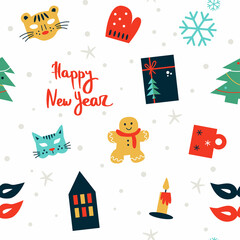 Seamless pattern with colorful Christmas elements: candles, masks, tree, presents and gingerbread man. Design for fabric and paper, surface textures.