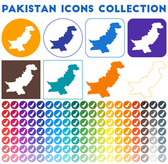 Pakistan icons collection. Bright, colorful, trendy map icons. Modern Pakistan badge with country map. Vector illustration.