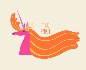Fairy unicorn illustration. Fire spirit.