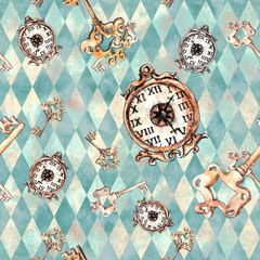 Alice in Wonderland cute watercolor objects set seamless pattern - 466676777