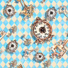 Alice in Wonderland cute watercolor objects set seamless pattern