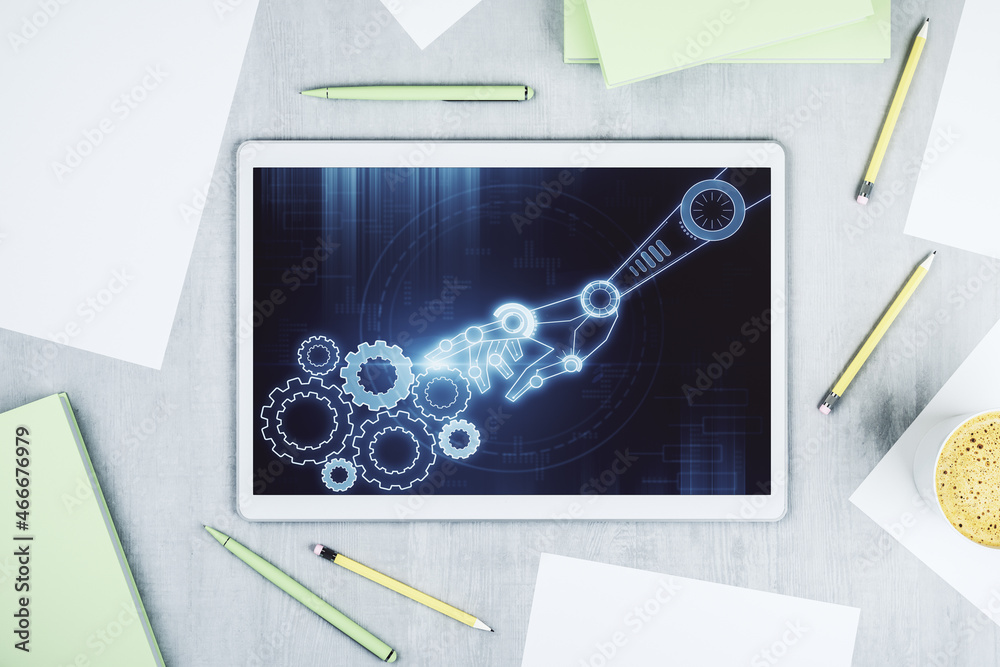 Aufkleber creative concept of robotics technology on modern digital tablet screen. robot development and autom