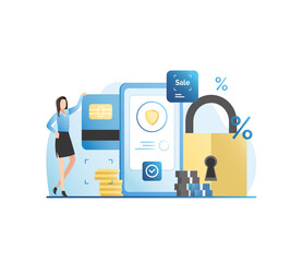 Vector woman with smartphone, credit card. Protection of data, electronic money, coins on Internet under lock, shield. Girl pays online with debit card for purchases, orders. Successful transaction.