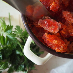 Red soup crystals with parsley