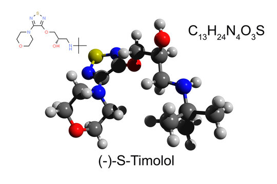 Chemical formula, structural formula and 3D ball-and-stick model of timolol, white background