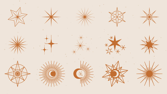 Vector set of linear icons and symbols - stars, moon, sun -  abstract design elements for decoration or logo design templates in modern minimalist style