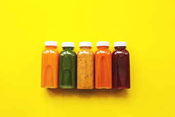 Fresh juices or cocktails of fruits and vegetables in bottles on a yellow background. The concept of a healthy diet or diet. Fresh organic ingredients