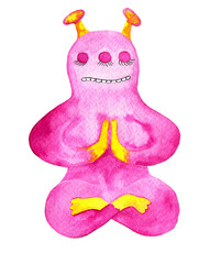Watercolor cute cartoon monster relaxing in lotus pose isolated on white background. Yoga monster print. Logo design element.  