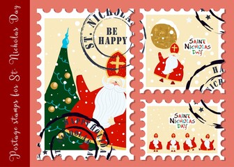 Festive postage stamps. Stamps for the day of St. Nicholas. Congratulations on the holiday. Sinterklaas eve. Old man. Christian character. Gifts for babies. CREATIVE ENVELOPE STICKERS. VECTOR ILLUSTRA