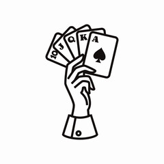 ロゴ、アイコン、シンボルマークのための、トランプを持つ手のシンプルな線画