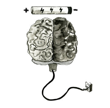Ink drawn illustration of brain charging the battery. Power of brain. Abstract stock image.