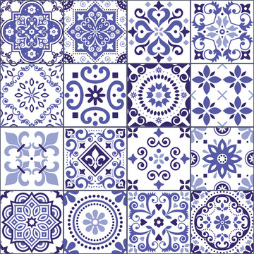 Portuguese and Spanish azulejo tiles seamless vector pattern collection in purple and white, traditional floral design big set inspired by tile art from Portugal and Spain

