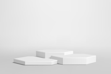 White podium on gray background. Realistic vector illustration. White round pedestal for mockups.