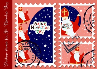Festive postage stamps. Stamps for the day of St. Nicholas. Congratulations on the holiday. Sinterklaas eve. Old man. Christian character. Gifts for babies. CREATIVE ENVELOPE STICKERS. VECTOR ILLUSTRA